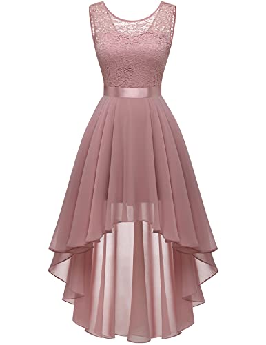 BeryLove Damen Elegant Abendkleid Vokuhila Cocktailkleid Brautjungfer Kleid Spitzenkleid Weihnachtskleid BLP7035 Blush S