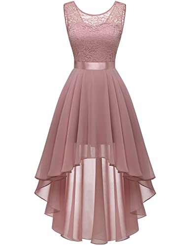 BeryLove Damen Elegant Abendkleid Vokuhila Cocktailkleid Brautjungfer Kleid Spitzenkleid Weihnachtskleid BLP7035 Blush S