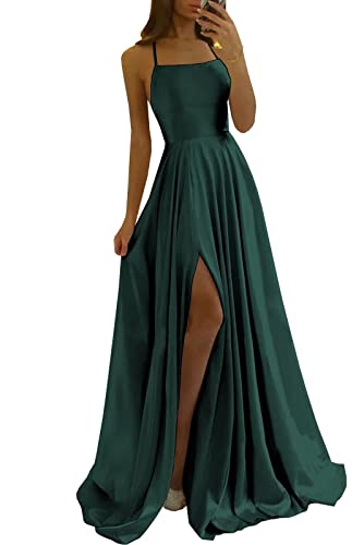 Damen Spaghetti Straps Satin Prom Dresses A-Linie Seitenschlitz Ballkleider Hochzeit Abendparty Kleid mit Taschen