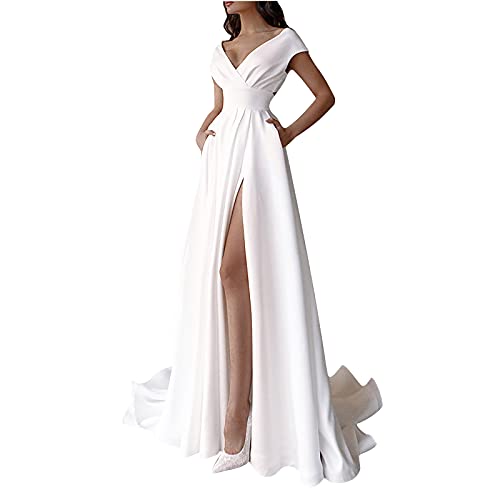 Masrin Weißes Abendkleid für Damen Einfarbiges, das langes formales Kleid wischt Geschlitztes Swingkleid mit hoher...