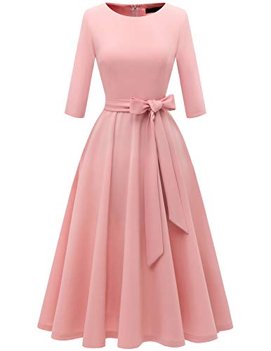 DRESSTELLS Damen Jugendweihe Kleider Retro Cocktailkleid 3/4 Arm Rundasuschnitt Abendkleid Knielang Rosa Kleider Blush M