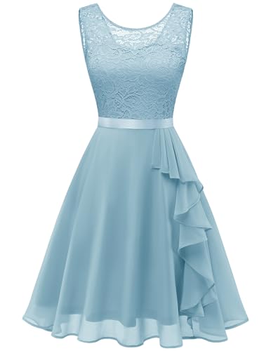 Berylove Damen Spitze Abendkleid Jugendweihe Kleider Festliche Cocktailkleider für Hochzeit 7052 Lightblue XL