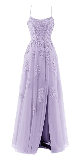 LuckyShe Damen Sexy Elegant Lang Tüll Abendkleider Ballkleid mit Spitze Rückenfrei für Hochzeit Lila 54