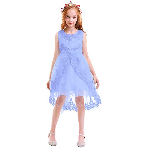 OBEEII Mädchen Blumenspitze Trailing Kleid Ärmellos Applique Bestickt Tüll Abendkleid für Hochzeit Brautjungfer...
