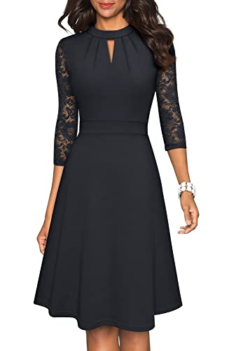 HOMEYEE Damen Elegant Hollow Out Spitzenärmel Swing Retro Party Cocktailkleid A234 (M, Schwarz)