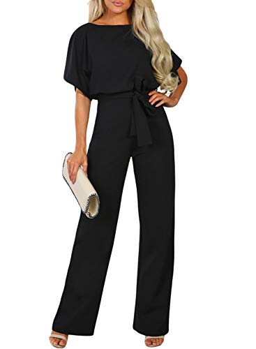 Dokotoo Damen Kurzarm Lang Jumpsuit Elegant Overall Jumpsuit O-Ausschnitt Playsuit Rückenfrei Sexy Hosen mit Gürtel...