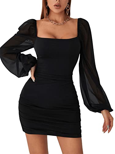 SheIn Damen Netz Ärmel Kleider Bodycon Bleistiftkleid Minikleid Sexy Mesh Partykleid Figurbetont Langarmkleid Schwarz...