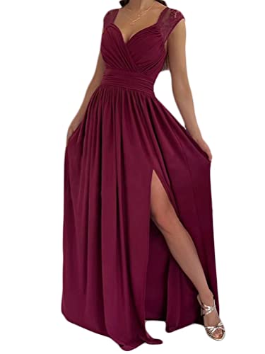 Onsoyours Sommerkleid Damen Rückenfrei Maxikleid Strandkleid V-Ausschnitt Ärmellos Elegant Cocktailkleid Einfarbig...