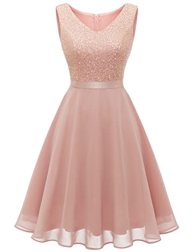 Dressystar Paillettenkleid Damen Elegant Glitzer Cocktailkleid Sommer Jugendweihes Kleid Brautkleid Partykleid Blush M