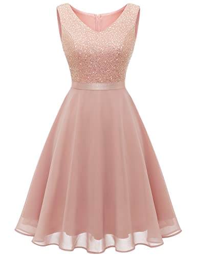 Dressystar Paillettenkleid Damen Elegant Glitzer Cocktailkleid Sommer Jugendweihes Kleid Brautkleid Partykleid Blush M