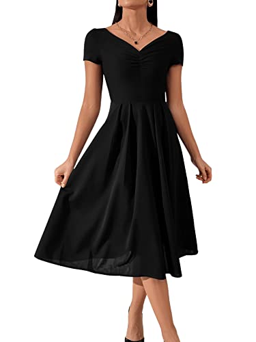 SheIn Damen Kleid Elegant Sommerkleid V Neck Faltenkleid A Linie Partykleid Vintage Rockbillty Freizeitkleid Knielang...