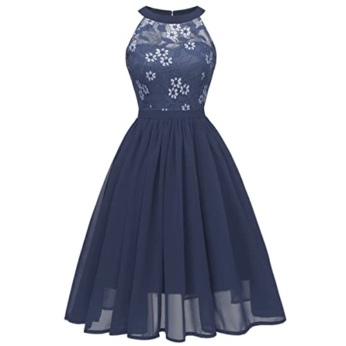 Abendkleider Elegant für Hochzeit Damen 50er Jahre Rockabilly Neckholder Swing Spitzen Chiffon Kleid Festlich...