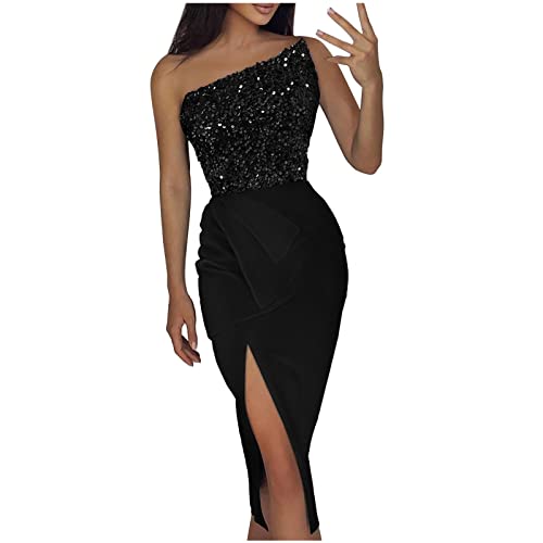 One Shoulder Kleid Damen Paillettenkleid Enge Lange Kleider Mit Schlitz Frauen Schulterfrei Hohe Taille Bodycon...