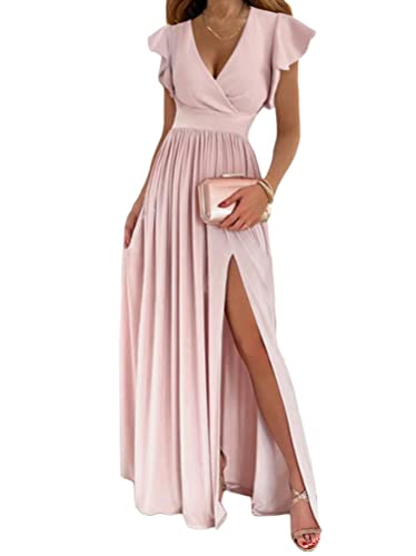 Tomwell Damen Kleid mit Schlitz V-Ausschnitt Langarm Elegant Hohe Taille Cocktailkleid Einfarbig Hochzeit...