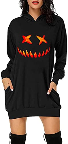 Lanrui Frauen Kleider Frauen Halloween Mittellange Kapuzenpullover-Kleid-Kleid Moderne Runde Krawatte Mit Kapuze...