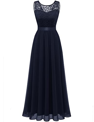 BeryLove Damen Abendkleid Elegant Cocktailkleid Lang Brautjunferkleid Chiffon Spitzen Kleid Hochzeit Party Marineblau...