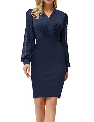 GRACE KARIN Damen V-Ausschnitt Tüll Langarm Bodycon Kleid Cocktail Bleistiftkleid Midi Business Kleid M Navy Blau...