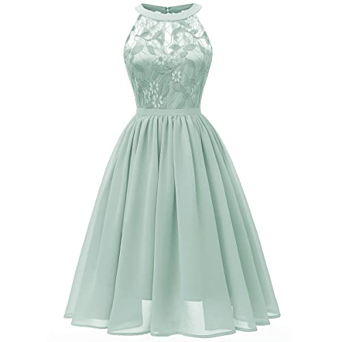 Abendkleider Elegant für Hochzeit Damen 50er Jahre Rockabilly Neckholder Swing Spitzen Chiffon Kleid Festlich...