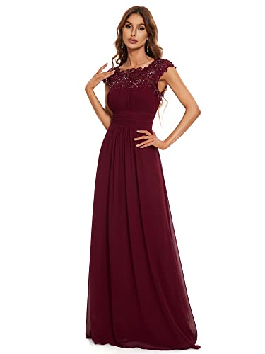 Ever-Pretty Damen Kurze Ärmel Rundkragen Spitze Empire A-Linie Elegant Chiffon Bodenlang Festliches Kleider Burgund...