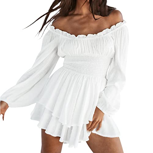 Sommerkleid, Sommerkleid Damen Swing Kleid Sommer Off Shoulder Slash Neck Skaterkleid Einfarbiges A-Linien-Kleid...