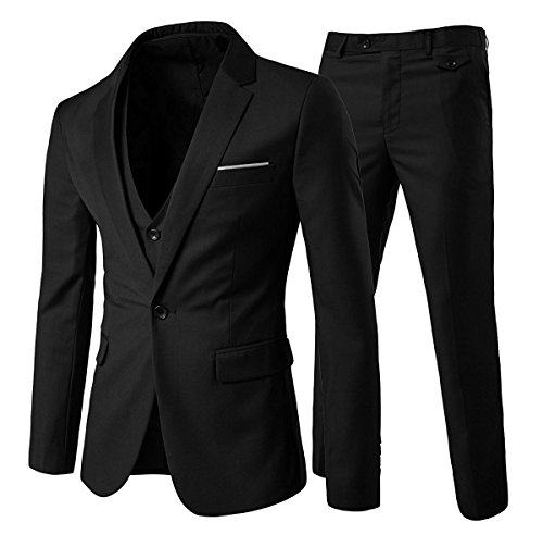 Anzug Herren Slim Fit 3 Teilig Anzüge Herrenanzug Sakko für Hochzeit Business Schwarz XS