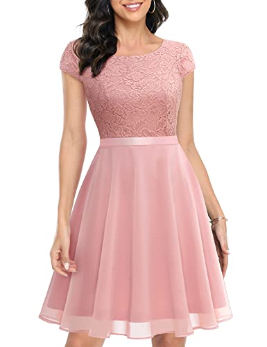 UOTORI Damen Abendkleider Elegant mit Ärmel Cocktailkleid Spitzenkleid Ballkleid Jugendweihe Kleider Blush L