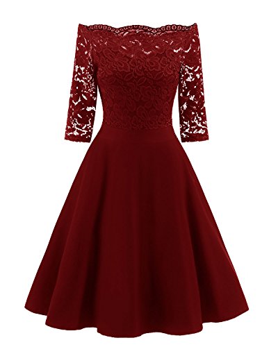 VILOREE 50s Rockabilly Retro Damen Kleider Halbarme Swing Cocktailkleider Party Abschlussball Burgundy S