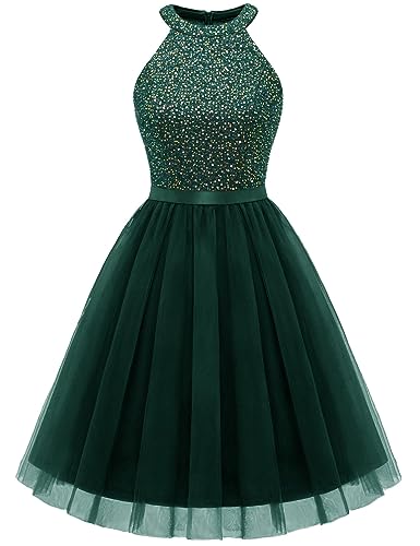 Dressystar Damen Neckholder Kleid Pailletten Ballkleid Festlich Party Cocktailkleid Kurz Dunkelgrün XS