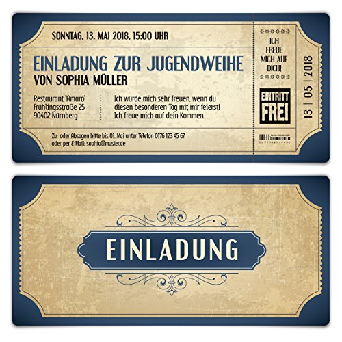 20 x Jugendweihe Einladungskarten Einladungen Jugendfeier - Vintage Eintrittskarten in Blau